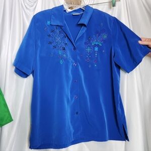 Koret Vintage Royal Blue Embroidered Beaded Shirt Top L